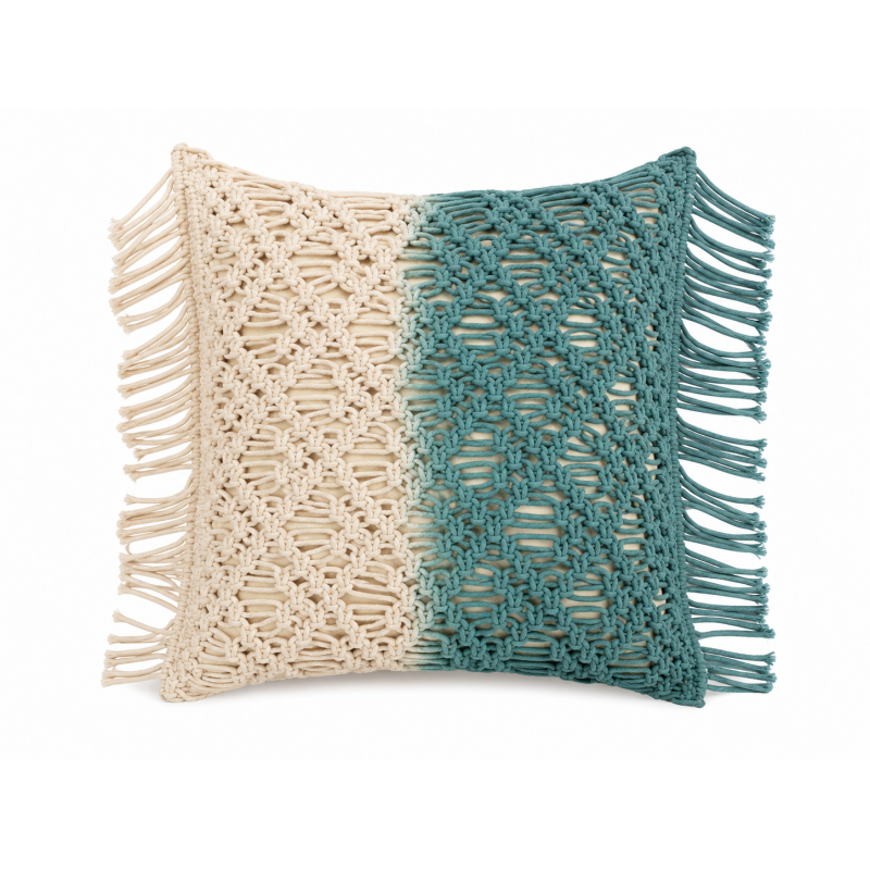 FUNDA COJÍN MACRAME-4 C/TURQUESA 45x45