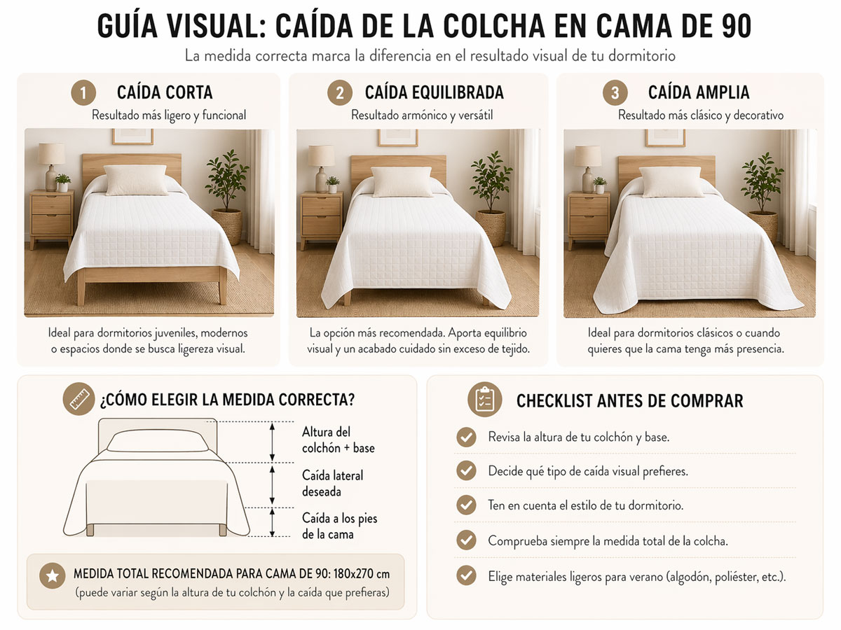 Guía visual sobre la caída de una colcha de verano para cama de 90